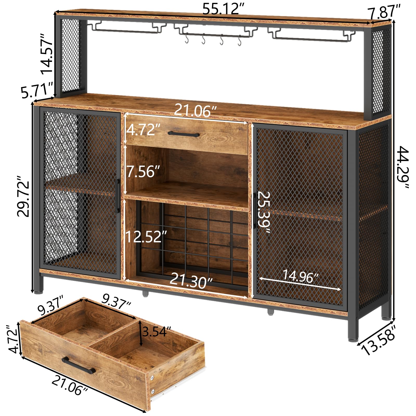 Gyfimoie Wine Bar Cabinet with Drawer and LED Lights, 55 Inches Industry Coffee Bar Cabinet with Wine Rack and Glass Goblet Holder, Kitchen Sideboard Buffet Cabinet for Liquor and Goblet - WoodArtSupply