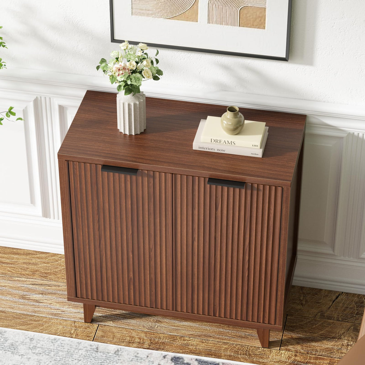 Fluted Cabinet with Storage, 2 Doors Sideboard Buffet, Mid Century Modern Accent Cabinet with Adjustable Shelves, Multifunctional Console Table with Storage for Living Room, Kitchen, Entryway FiveWillowise