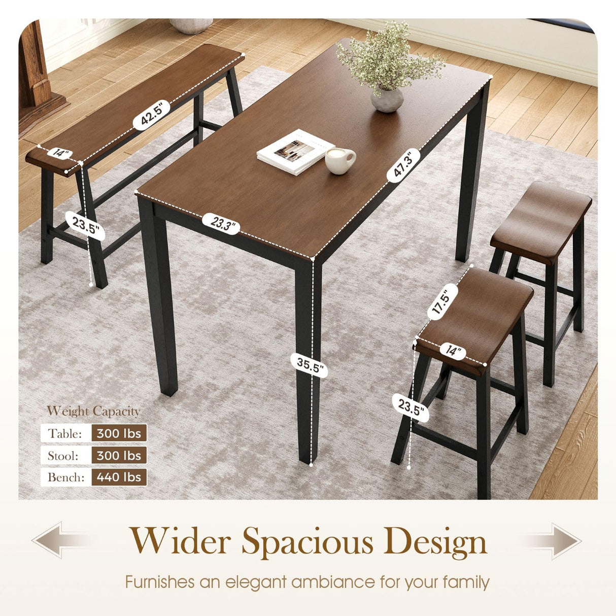 Sophia & William Dining Table Set for 4, Wooden Kitchen Table Set with Bench and 2 Chairs, Space-Saving Farmhouse Dining Sets, Walnut & Black Sophia & William