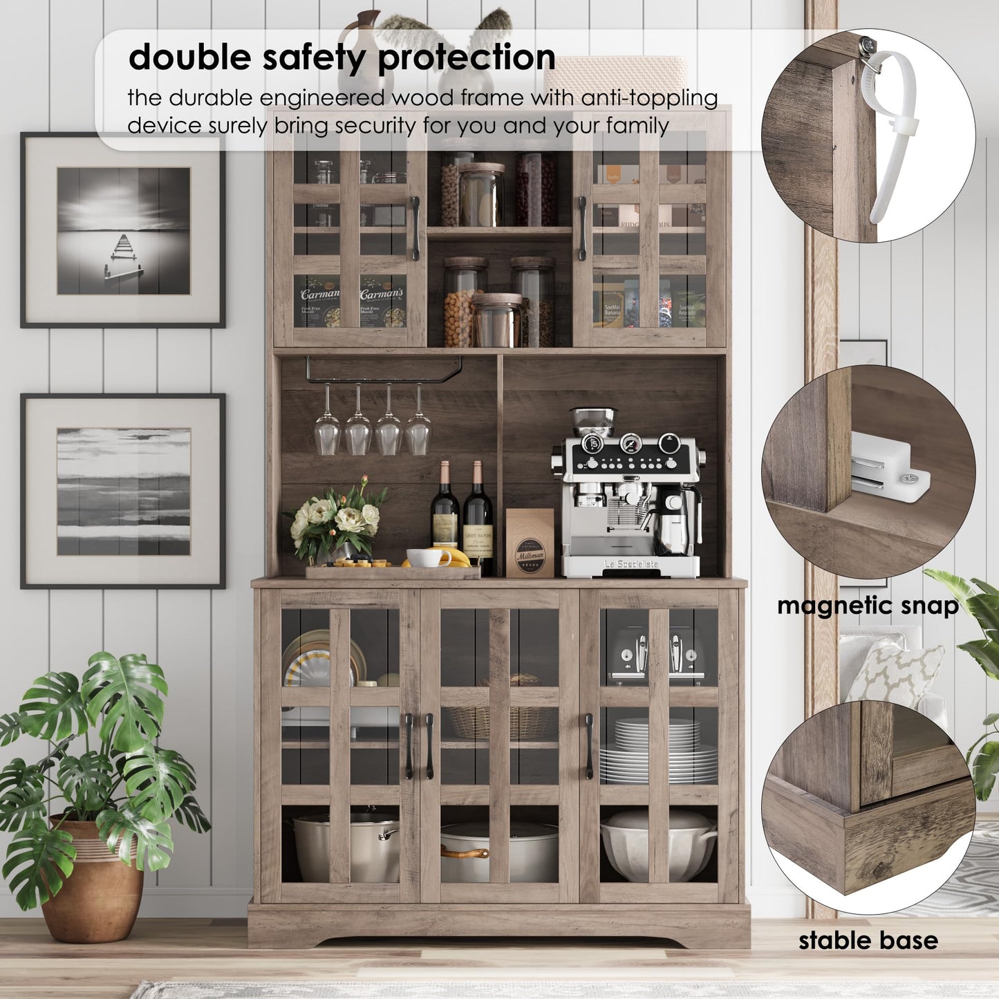 Keyluv Kitchen Pantry Storage Cabinet 71" Tall Freestanding Pantry Cabinet, Farmhouse Glass Door Buffet with Oven Countertop, Large Wood Hutch for Kitchen, Living Room and Dining Room, Rustic - WoodArtSupply