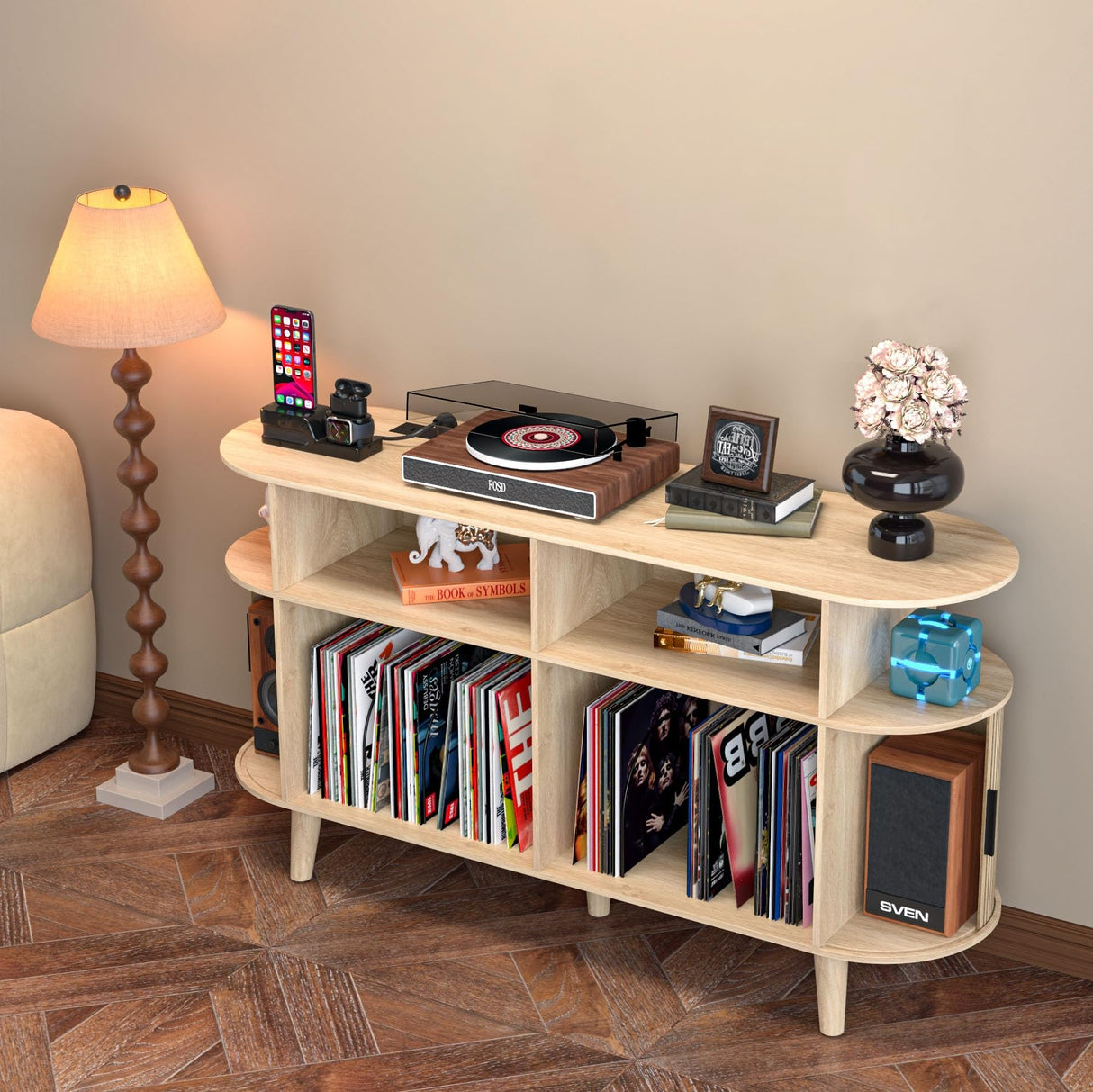 LUVIOHOME Large Round Record Player Stand with Charging Station & USB Ports，Record Storage Cabinet, Mid Century Modern Turntable Stand for Bedroom Living Room (Oak) LUVIOHOME