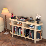 LUVIOHOME Large Round Record Player Stand with Charging Station & USB Ports，Record Storage Cabinet, Mid Century Modern Turntable Stand for Bedroom Living Room (Oak) LUVIOHOME