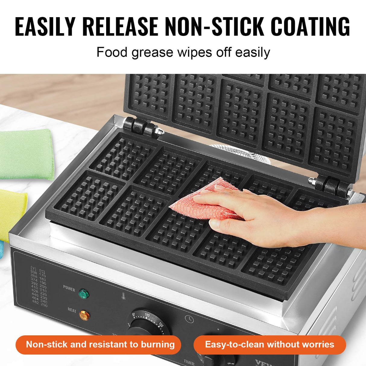 VEVOR Commercial Waffle Maker, 10PCS Rectangle Waffle Baker Machine, 1550W Non-Stick Stainless Steel Belgian Waffle Iron with Temp and Time Control, Handle, for Restaurant Bakery Snack Bar Family VEVOR