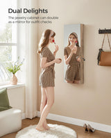 SONGMICS Jewelry Cabinet Armoire Organizer with LED Lights, Wall-Mounted Storage Cabinet with Full-Length Frameless Mirror, Built-in Makeup Mirror, 2 Drawers, Lockable, Camel Brown UJJC013N01 SONGMICS