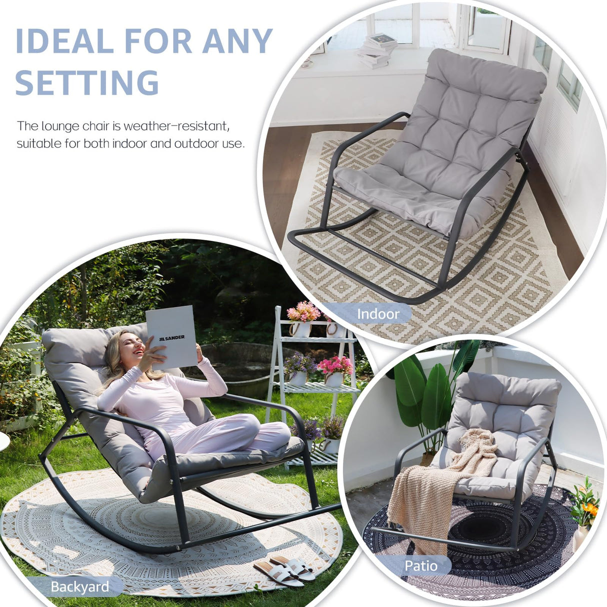 BULEXYARD Grey Oversized Indoor Outdoor Lounge Royal Rocking Chair with Armrest Footrest for Napping Relaxing, Heavy Duty Patio Reclining Papasan Rocker Chair with Padded Cushion for Porch, Sunroom BULEXYARD