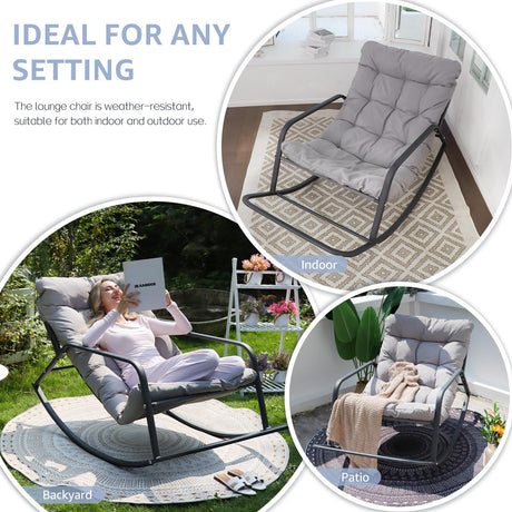 BULEXYARD Grey Oversized Indoor Outdoor Lounge Royal Rocking Chair with Armrest Footrest for Napping Relaxing, Heavy Duty Patio Reclining Papasan Rocker Chair with Padded Cushion for Porch, Sunroom BULEXYARD