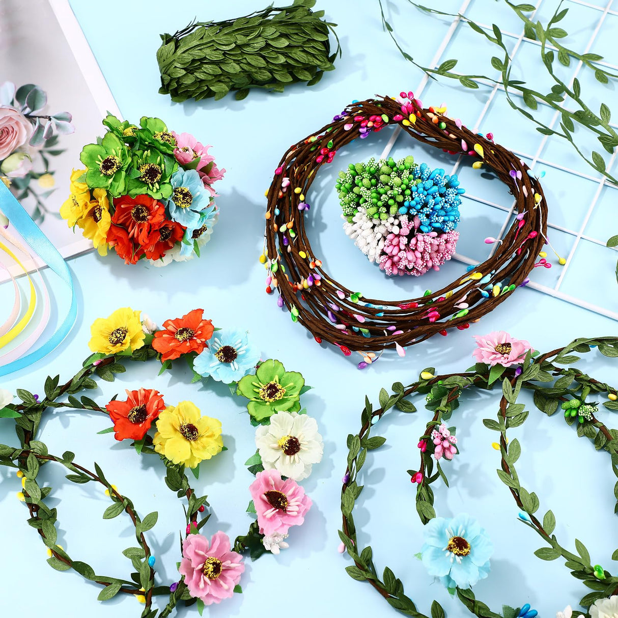 Zeyune 20 Sets Flower Crowns Making Kit, Make Your Own Flower Crown Wreath Garland Headbands Craft Kit Handmade DIY Fairy Floral Hair Accessories Gift for Girls/Teens/Women(Poppy) Zeyune