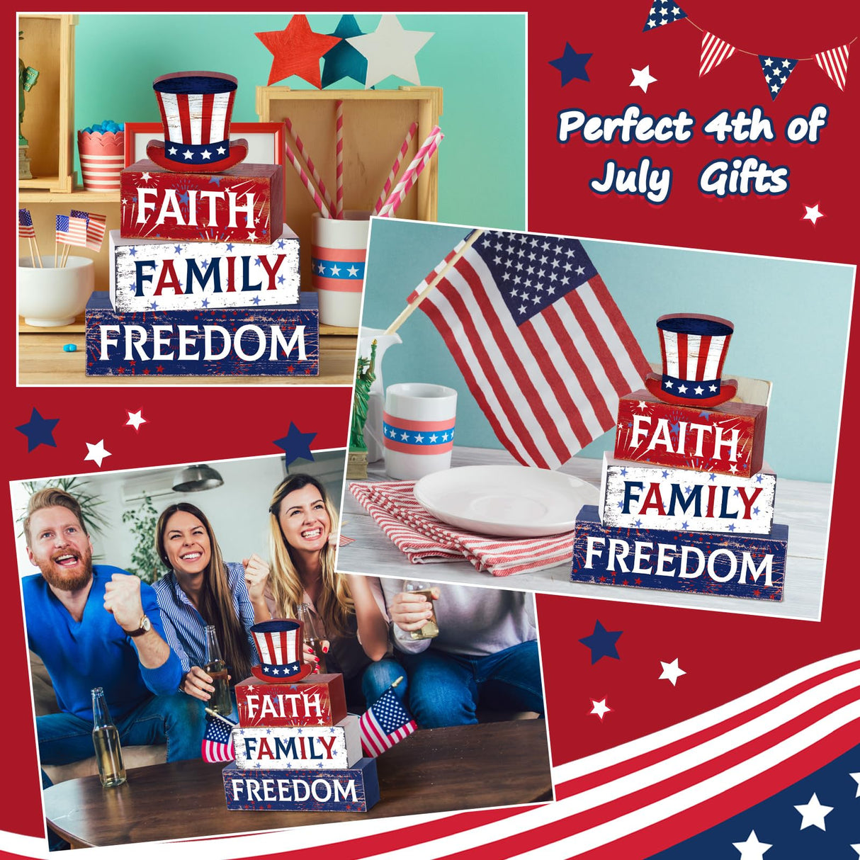 Huquary 4 Pcs Farmhouse 4th of July Patriotic Table Sign Independence Day Table Wood Decorations Patriotic Themed Rustic Farmhouse Wood Block Sign for Party Home Desk (Hat) Huquary