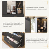 XVD Armoire Wardrobe Closet with Mirror and Sensor Light, Bedroom Armoire with 5 Doors 2 Drawers, Modern Wooden Large Wardrobe Closet with Shelves, 4 Hooks, 2 Hanging Rods, Open Space, Black XVD