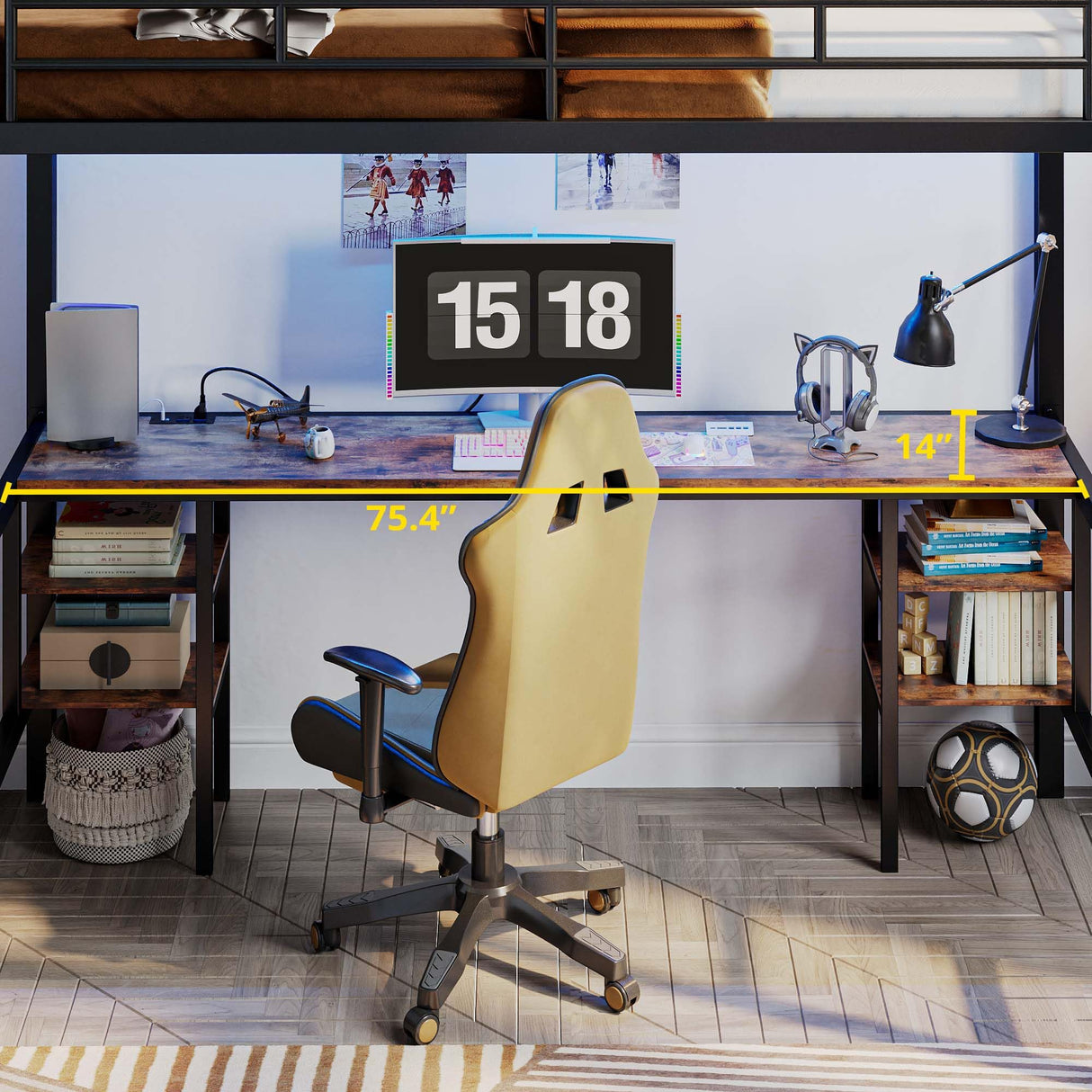 ANCTOR Loft Bed Twin Size with Desk and 4 Storage Shelves, Metal Loft Bed Frame with Power Outlet and LED Lighted, Safety Guard & Ladder, Space-Saving, Noise Free, Black ANCTOR