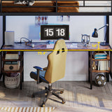 ANCTOR Loft Bed Twin Size with Desk and 4 Storage Shelves, Metal Loft Bed Frame with Power Outlet and LED Lighted, Safety Guard & Ladder, Space-Saving, Noise Free, Black ANCTOR