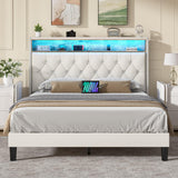 HOMBCK Full Size Bed Frame with LED Lights, Velvet Upholstered Bed with Charging Station and Storage Headboard, Modern Bed Frame with Diamond Design, No Box Spring Needed, Easy Assembly, White HOMBCK