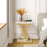 Tribesigns Square End Table White Gold 2-Tier Side Table Modern Small Bedside Table with Storage for Couch, Sofa Side Table with Stylish Metal Frame for Living Room (2, Faux Marble White+Gold) Tribesigns