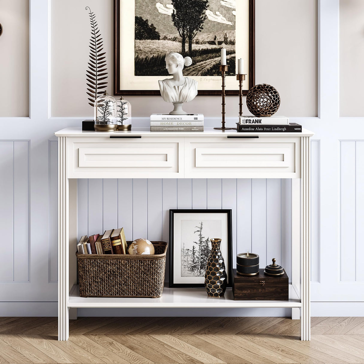 VEELOK Fluted White Console Table with Drawers, Modern Entryway Table with Storage, Sofa Table Behind Couch, Entry Table for Living Room, Hallway, Foyer VEELOK