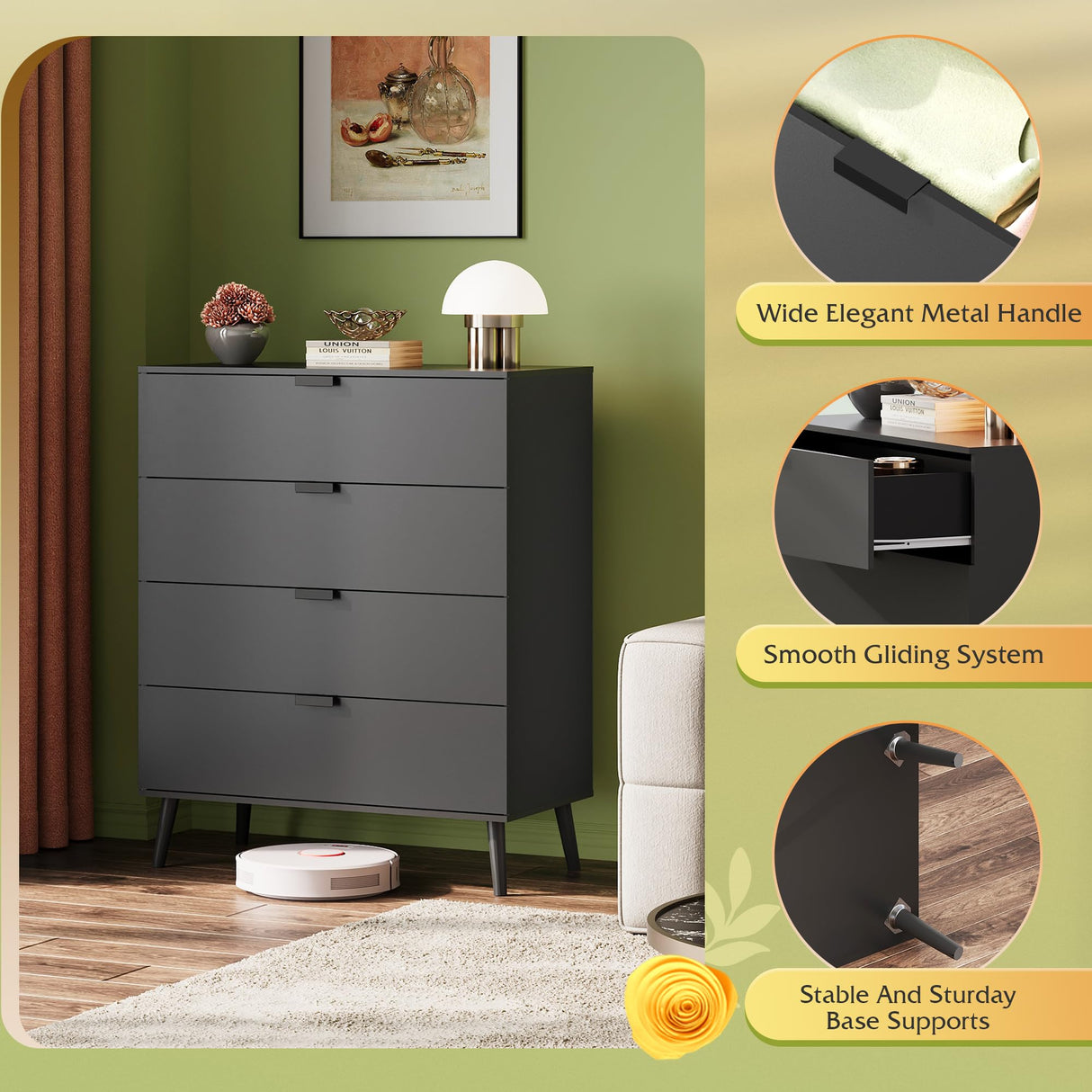 WLIVE 4 Drawer Dresser for Bedroom, Wooden Black Tall Dresser, Modern Dressers with Sturdy Metal Handle, Small Chest of Drawers for Living Room, Hallway WLIVE