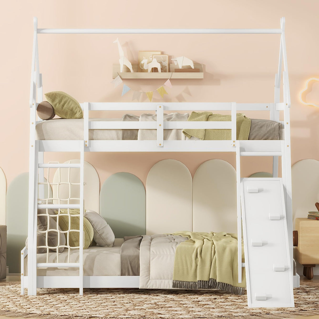 SOFTSEA Twin Over Queen Bunk Bed with Climbing Nets and Ramp in Whitewash SOFTSEA