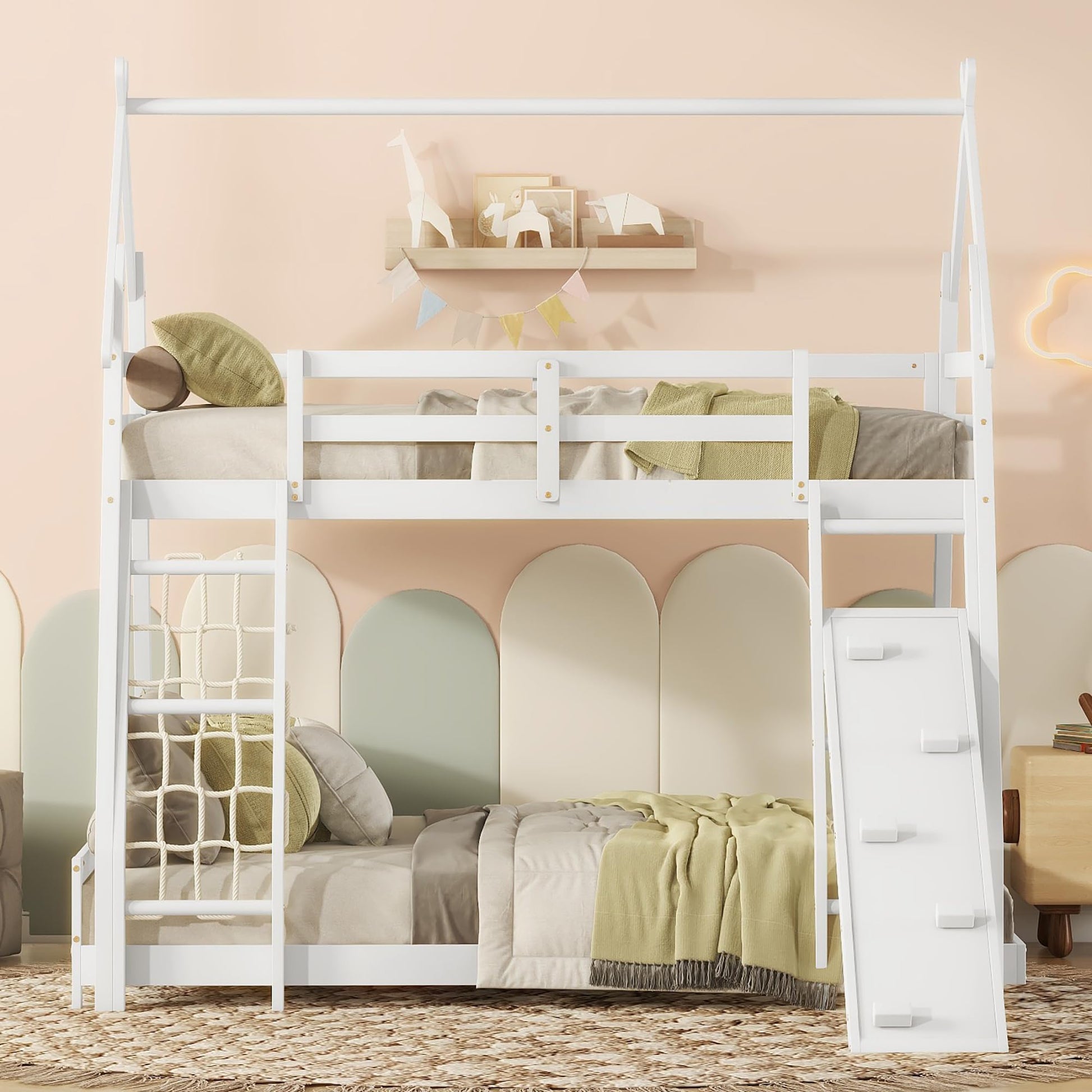 SOFTSEA Twin Over Queen Bunk Bed with Climbing Nets and Ramp in Whitewash - WoodArtSupply