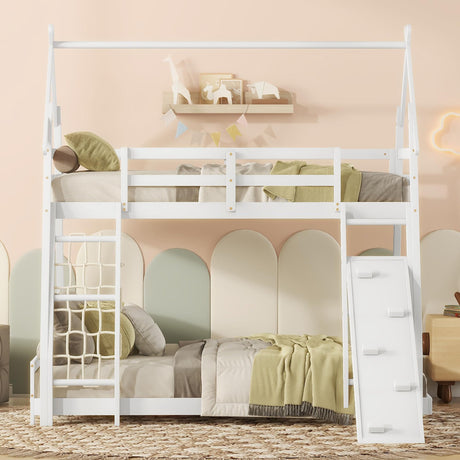 SOFTSEA Twin Over Queen Bunk Bed with Climbing Nets and Ramp in Whitewash SOFTSEA