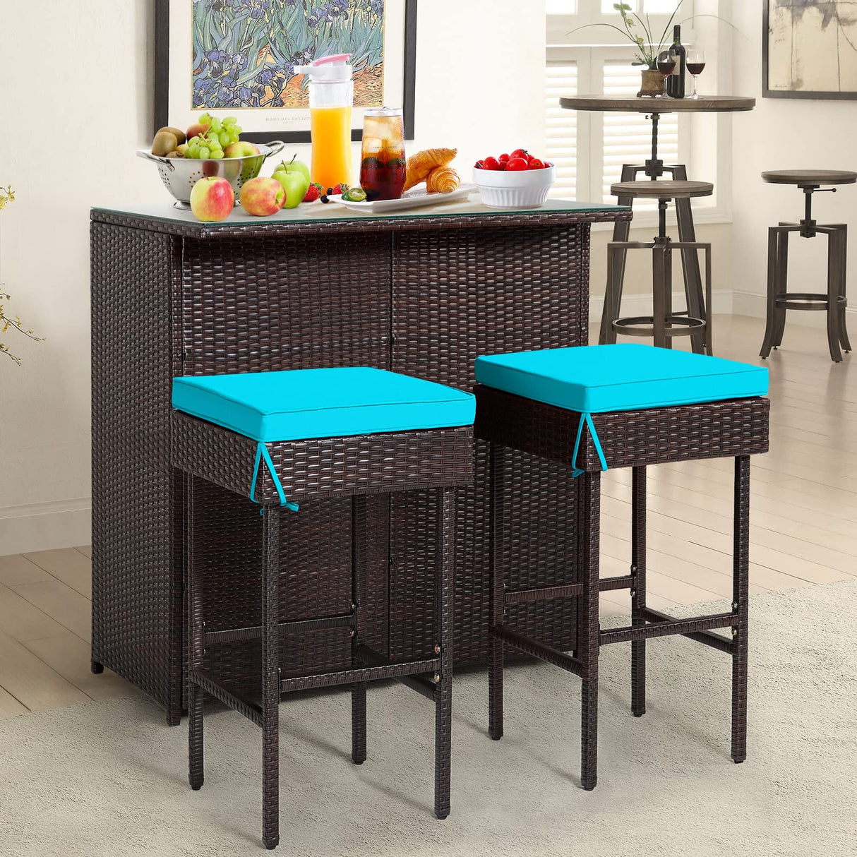 RELAX4FLIE 3-Piece Outdoor Bar Set, Patio Wicker Bar Table and Chairs Set w/Cushioned Stools 2 Open Shelves & Glass Table Top, Rattan Bar Table Set for Poolside, Garden and Backyard (Turquoise) RELAX4LIFE