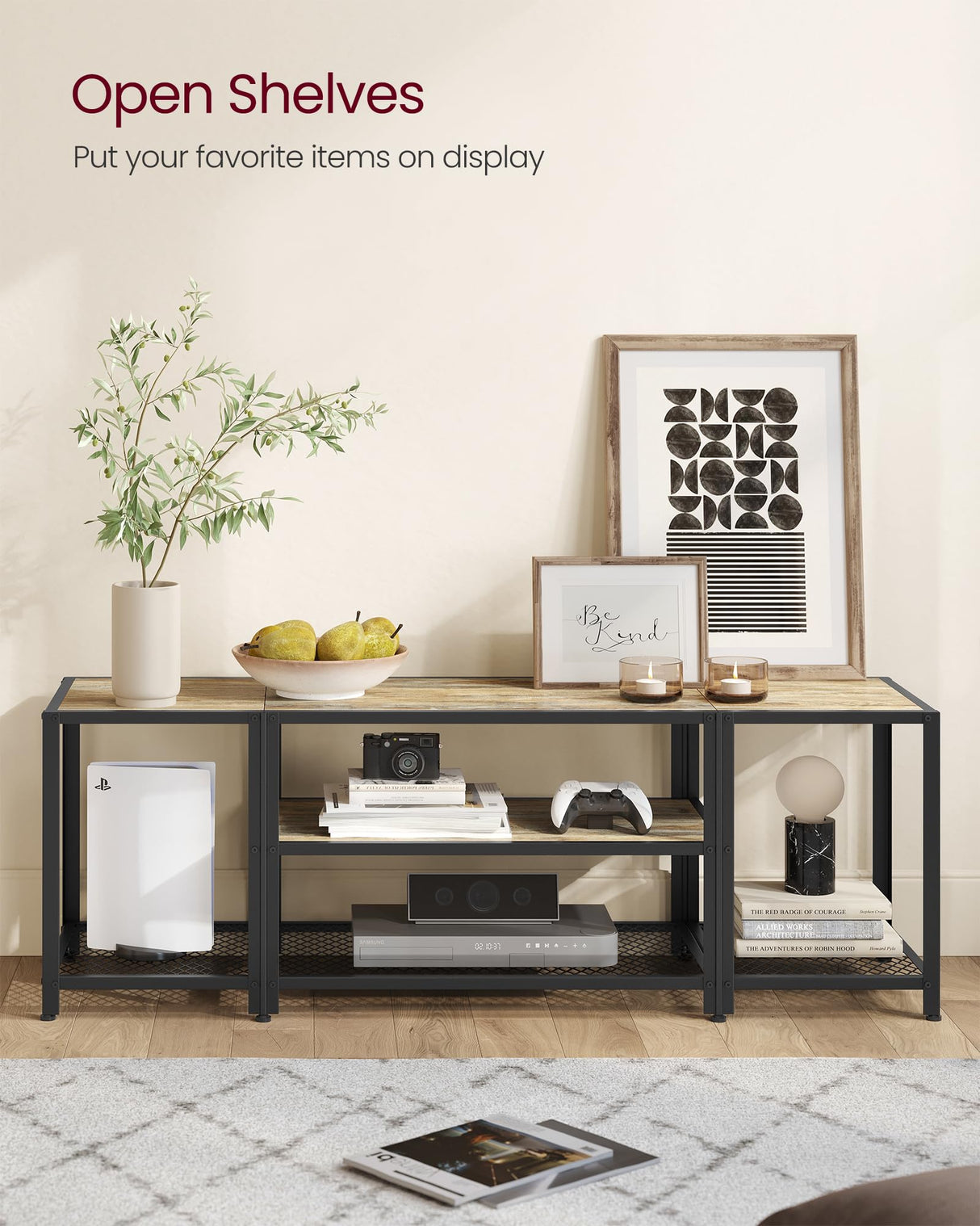 VASAGLE Modern TV Stand for TVs up to 65 Inches, 3-Tier Entertainment Center, Industrial TV Console Table with Open Storage Shelves, for Living Room, Bedroom, Turquoise Brown and Black ULTV097B60 VASAGLE