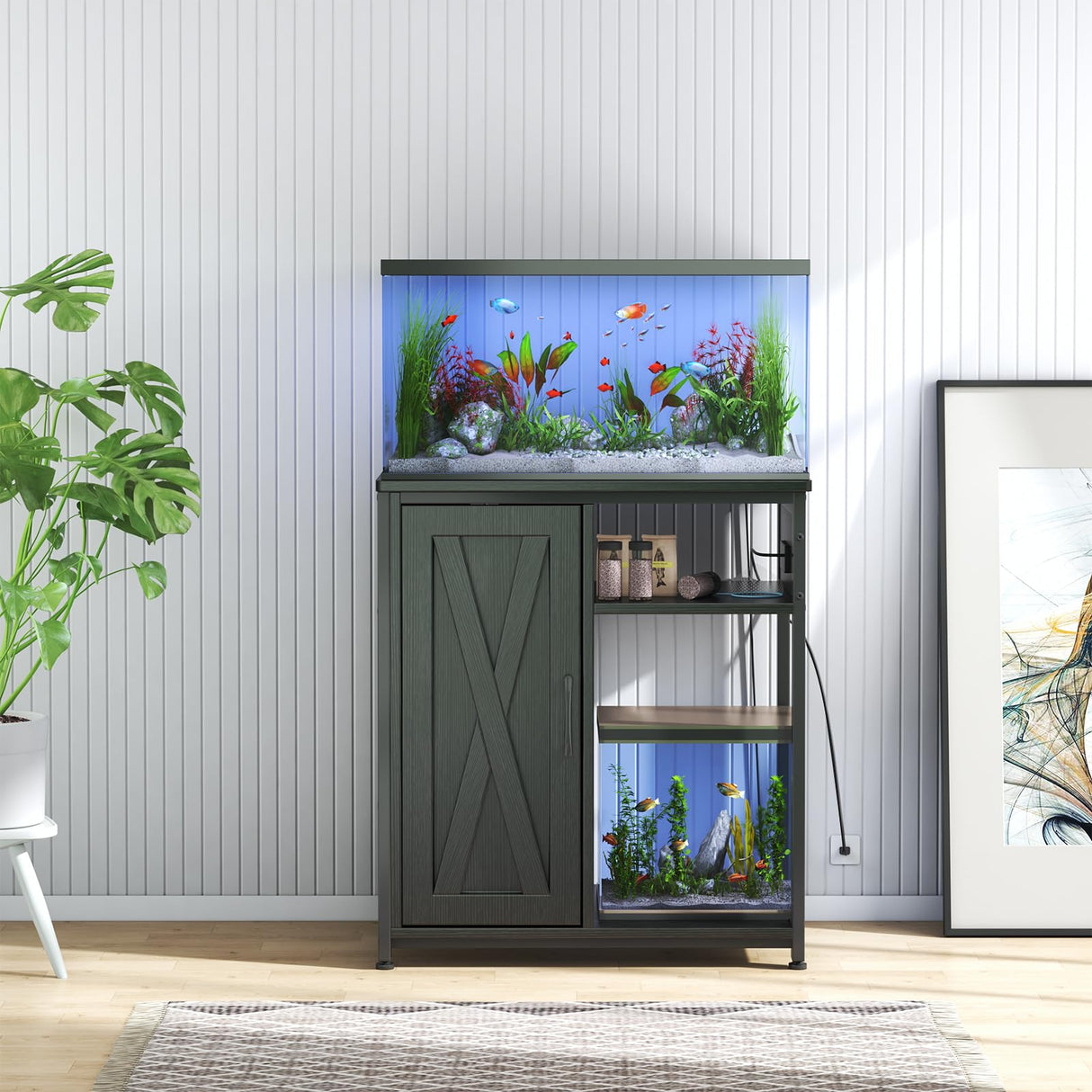 ZERDER Aquarium Stand with USB and AC Power Strip, Cabinet for Fish Tank Accessories Storage, Heavy Duty Metal Fish Tank Stand for Turtle Tank (Black, 20-29 Gallons) ZERDER