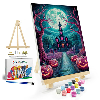 JOOZ Halloween Paint by Numbers Kit for Adults with Frame, Moon Castle Pumpkin Paint by Number with Easel, DIY Halloween Framed Paint by Number Kits for Home Wall Decor 8x12 Inch
