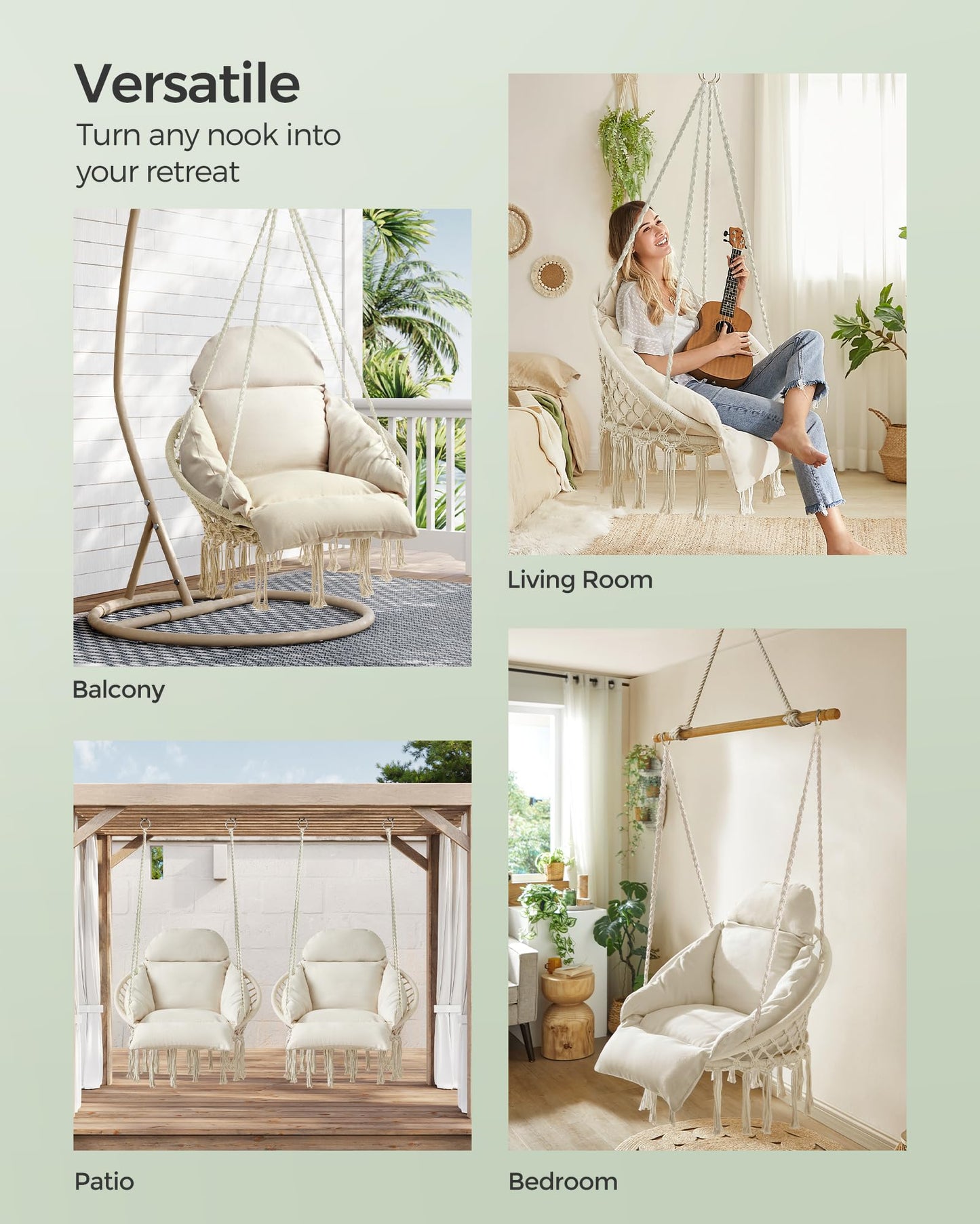 SONGMICS Hanging Chair, Hammock Chair with Large, Thick Cushion, Boho Swing Chair for Bedroom, Patio, Balcony, Garden, Holds up to 264 lb, Accessories Included, Cream White UGDC042M01