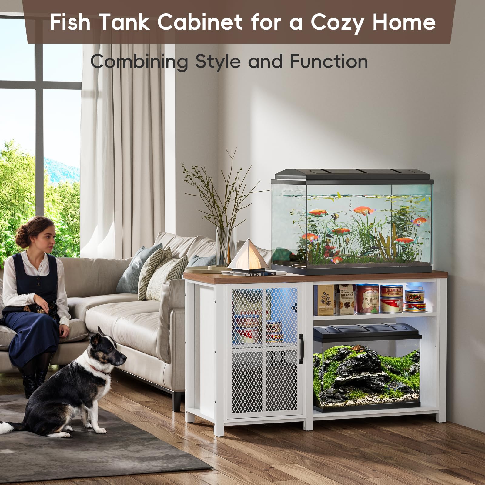 HAIOOU 55-75 Gallon Aquarium Stand with LED Light & Power Outlets, Cross Design Fish Tank Stand Heavy Duty Metal Frame Aquarium Table with Cabinet Storage, Fit for Turtle Tank, 880LBS Loads - - WoodArtSupply