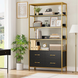 HITHOS 5 Tier Bookshelf with Drawers, 71" Tall Bookcase with Shelves, 35.4" Wide Free Standing Book Storage Shelf, Modern Wood Display Cabinet for Living Room, Study, Home Office, Gold Black HITHOS