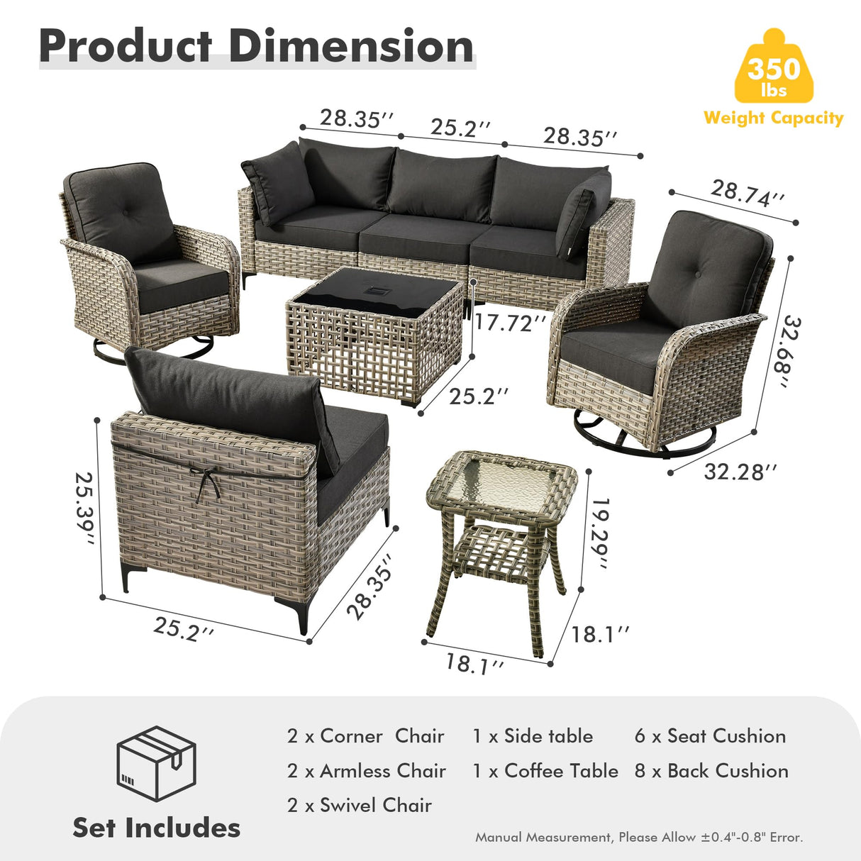 HOOOWOOO Outdoor Patio Furniture Set,8 Pieces Wicker Out Door Sectional Furniture L Shaped Couch,Patio Conversation Sets with Swivel Rocking Chair LED Table,Black HOOOWOOO