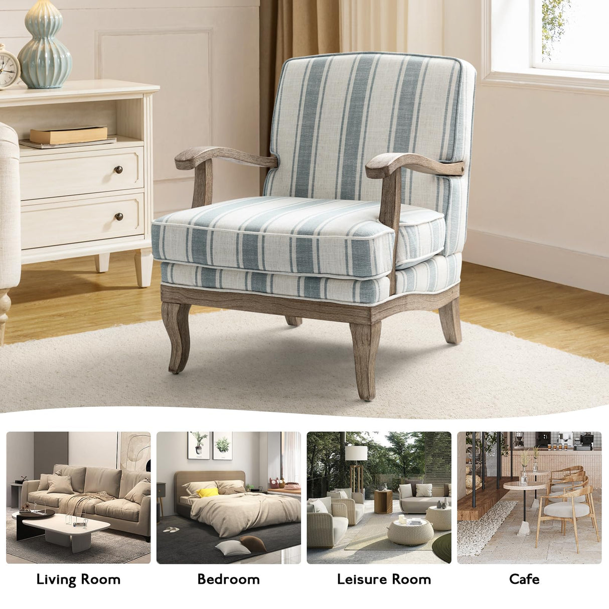 HULALA HOME Upholstered Accent Chair, Mid-Century Modern Striped Chair with Graceful Curves and Wooden Legs, Comfy Lounge Armchair Striped Accent Chairs for Living Room, Bedroom (Blue) HULALA HOME