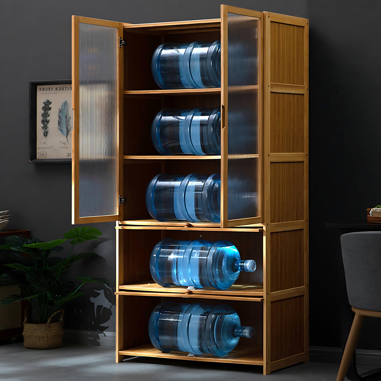 70" Bamboo Farmhouse Kitchen Pantry Cabinet with Acrylic Doors and Multi-Storage Drawers ouioyggk