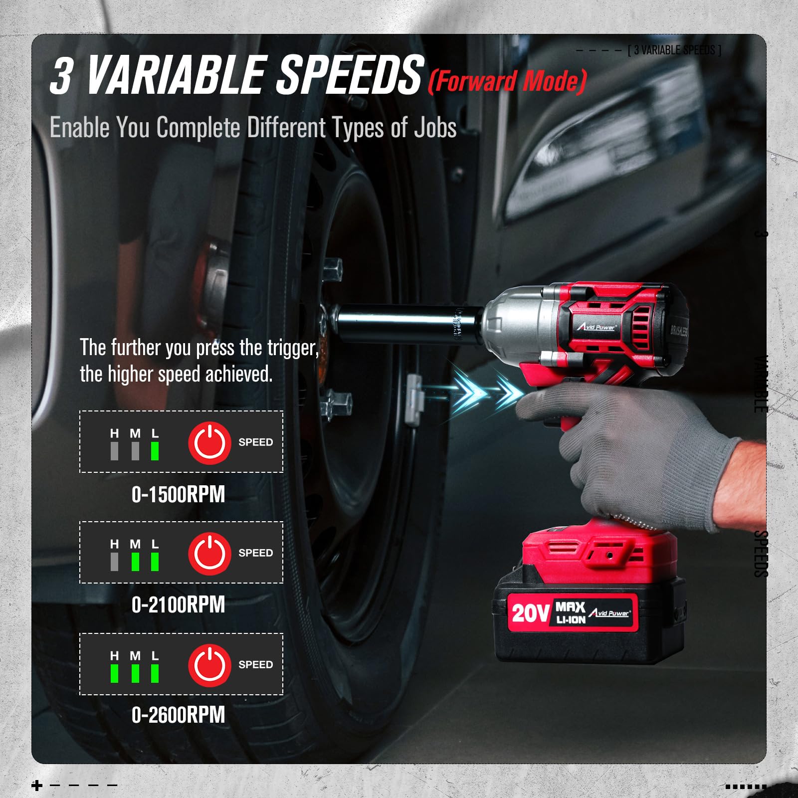 AVID POWER 1/2 Impact Wrench Brushless, 20V Cordless Impact Gun w/ 3 Variable Speeds, Max Torque 370ft-lbs (500N.m), 3.0Ah Li-ion Battery, 4Pcs Impact Sockets, Fast Charger - WoodArtSupply