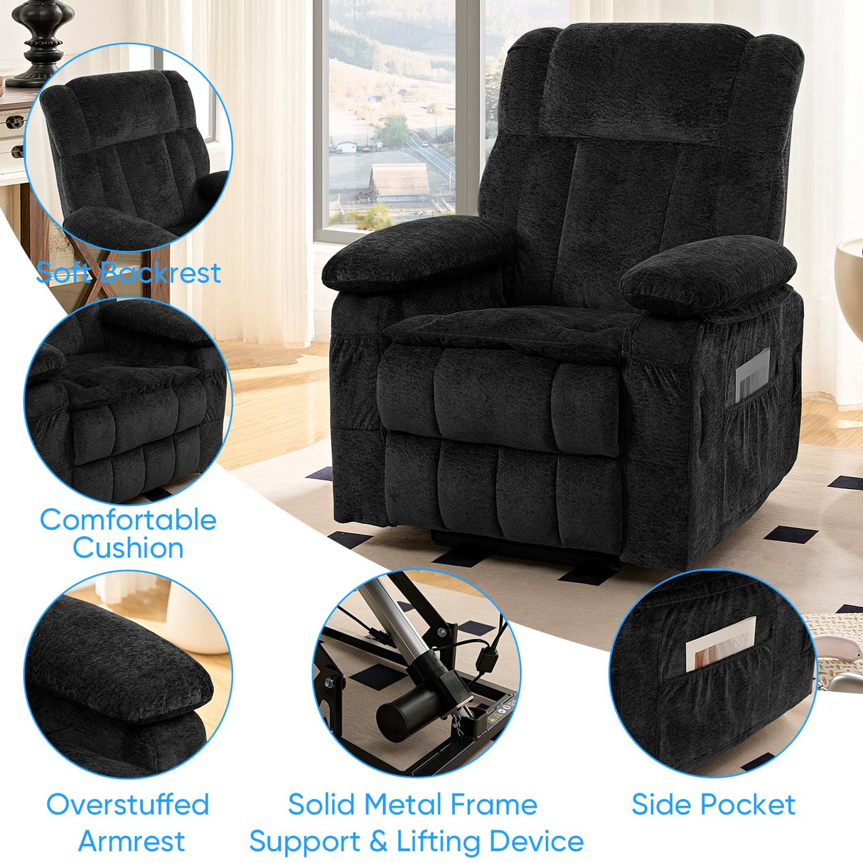 PUREMIND Power Lift Recliner Chair for Elderly, Dual Motor Electric Reclining Chairs with Massage and Heat - Velvet Fabric, Strong Support, Black PUREMIND