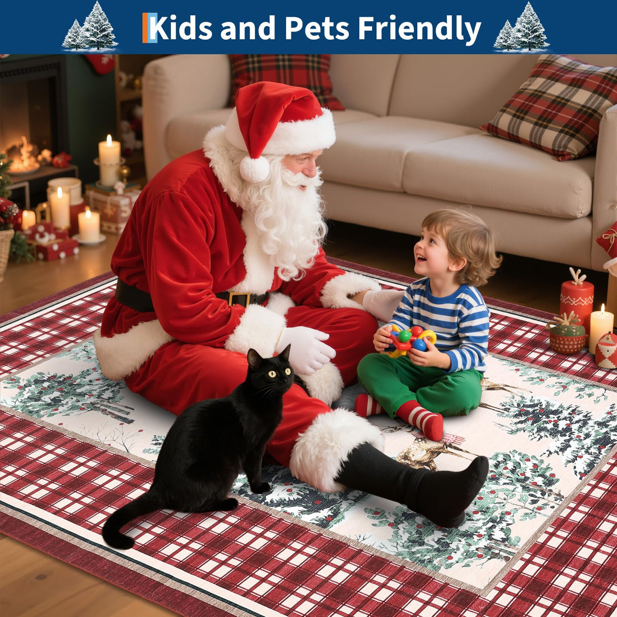 GarveeHome Christmas Washable Rug for Living Room, 6x9 Holiday Decor Area Rug for Bedroom Soft Low Pile Christmas Tree and Deer Rug Non Slip Throw Large Carpet for Dining Room Nursery, Red GarveeHome