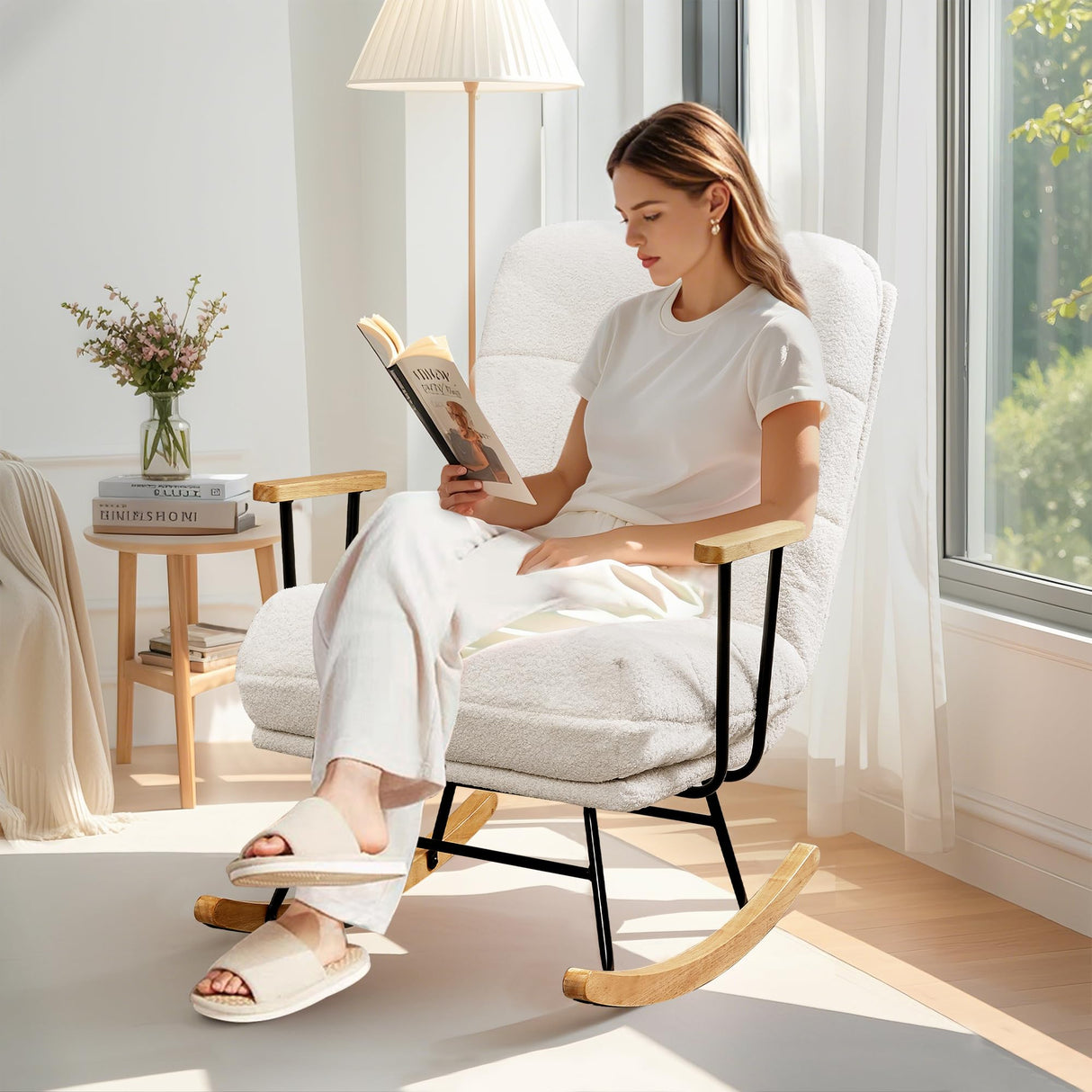 VECELO Wide Rocking Chair Nursery, Oversized Upholstered Glider with High Backrest and Padded Cushion, Teddy Fabric, Beige VECELO