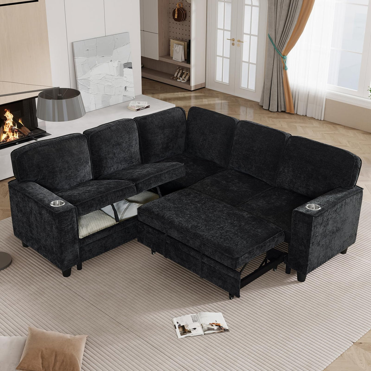 KEIKI 81" L-Shaped Oversized Chenille Modular Sectional Sleeper Sofa with Pull-Out Bed, Storage Seat, Modern 5-Seater Upholstered Couch Bed with Charging Station, Easy Assembly, for Living Room, Black KEIKI