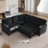 KEIKI 81" L-Shaped Oversized Chenille Modular Sectional Sleeper Sofa with Pull-Out Bed, Storage Seat, Modern 5-Seater Upholstered Couch Bed with Charging Station, Easy Assembly, for Living Room, Black KEIKI