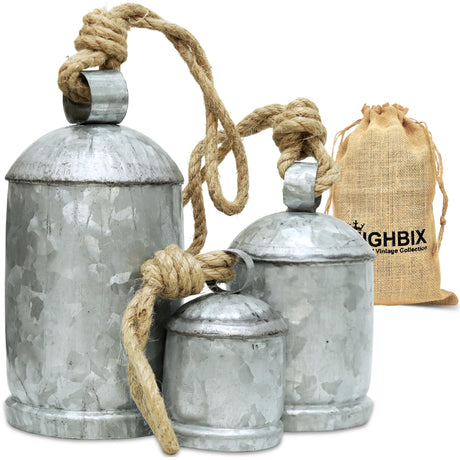 Set of 3 Medium Galvanized Metal Hanging Cow Bells Rustic Farmhouse Vintage-Style Cowbells with Jute Rope for Wall, Porch, Garden, or Holiday Decor HIGHBIX
