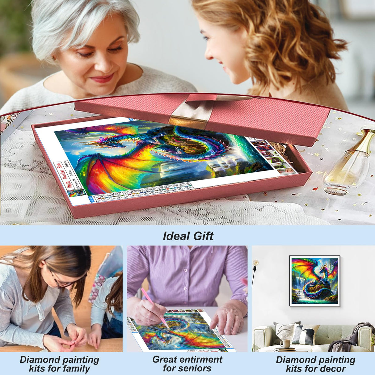 FHBUBPUP 5D Dragon Diamond Painting Kits for Adults, Dragon Diamond Art Kits for Beginners, DIY Full Drill Round Diamond Dot Gem Art, Craft Gift Suitable for Home Wall Decoration 12×12Inch FHBUBPUP