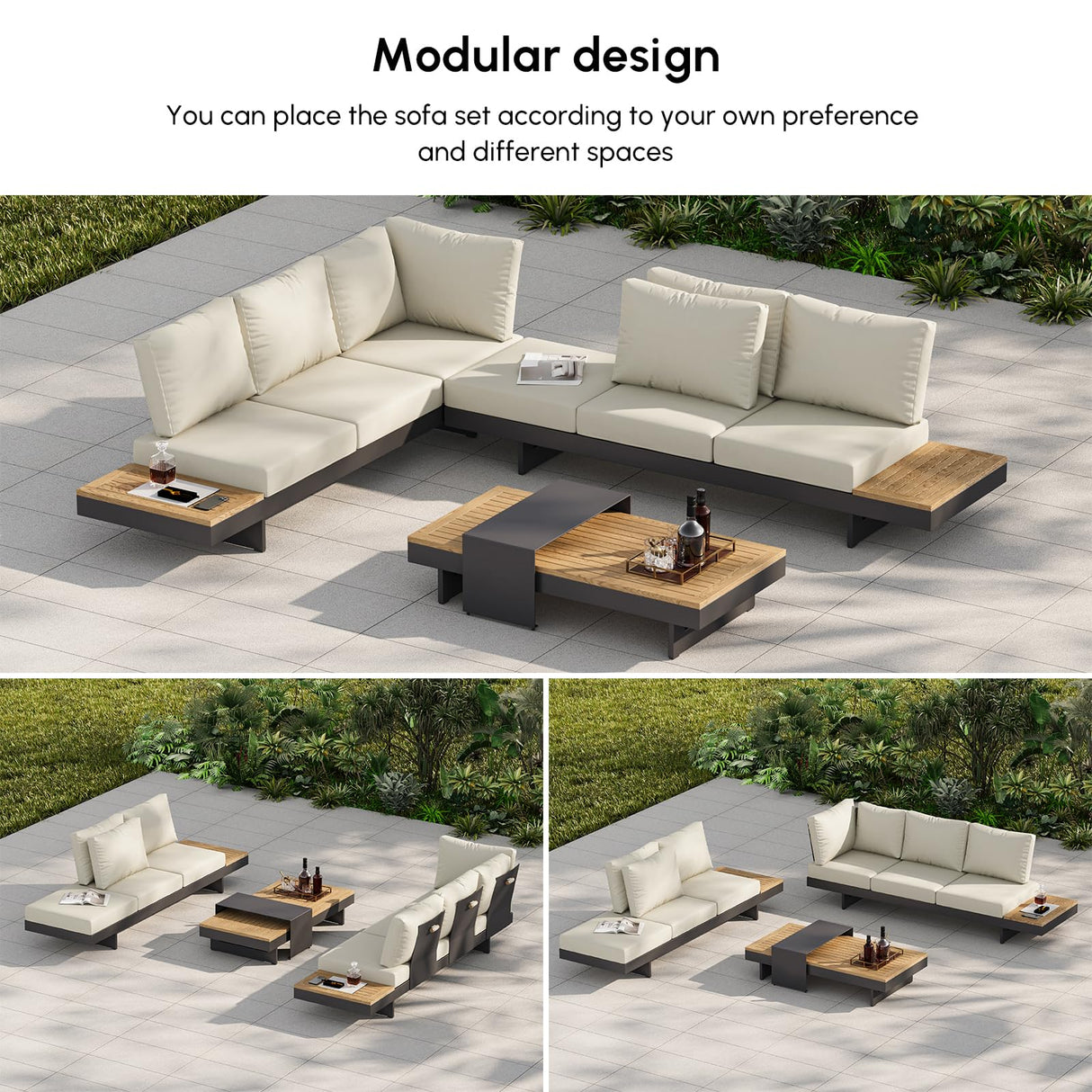 homary 6 Piece Aluminum & Teak Outdoor Sofa Set, Patio Sofa Seat L-Shaped Outdoor Sectional Sofa Set with Adjustable Backrests, Waterproof, Fade Resistant Cushions Ideal for Patios & Balconies,Beige homary