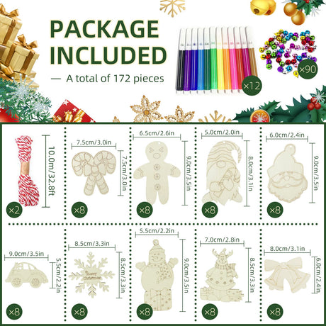 Wooden Christmas Ornaments, 176 PCS Unfinished Predrilled Wood Ornaments Set with 72 Blank Wood Slices in 9 Styles, 90 Bells and 12 Color Pens for Kids DIY Crafts and Christmas Hanging Decoration, A Pehciroe