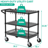 Folews Heavy Duty Rolling Cart with Wheels, 3 Tier Commercial Grade Utility Cart Metal Kitchen Storage Trolley Wire Cart Food Storage Cart Service Cart with Handle Bar & Shelf Liner, Black Folews