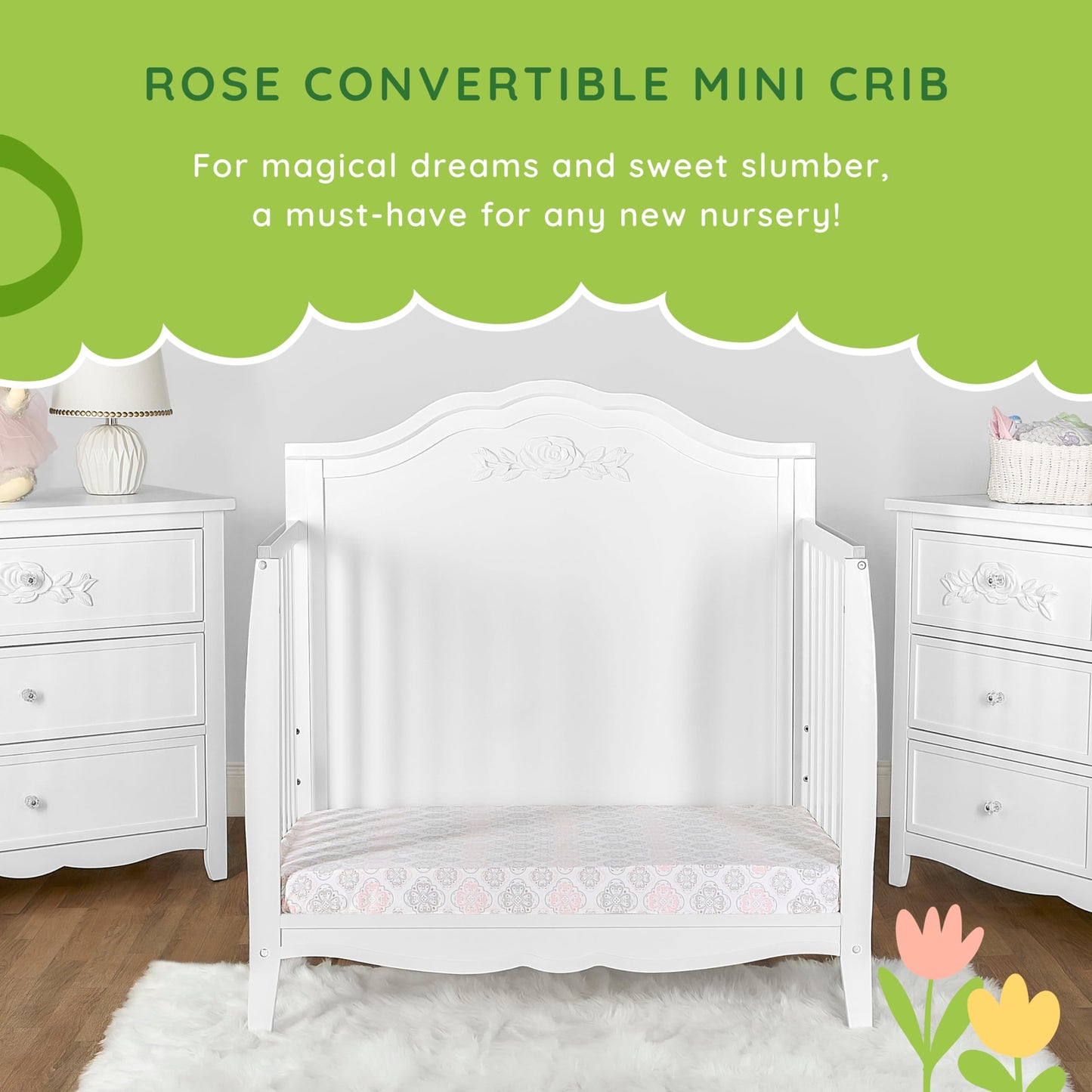 SweetPea Baby Rose 4-in-1 Convertible Mini Crib in White, JPMA Certified Baby Crib, Non-Toxic Finish, New Zealand Pinewood, with 3 Mattress Height Settings