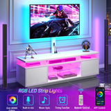 Rolanstar TV Stand with Mount and Power Outlet 51.2", Swivel TV Stand Mount for 32/45/55/60/65/70 inch TVs, Height Adjustable Modern Entertainment Center with Storage & LED Lights, TV Table White Rolanstar