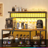 TVU Bakers Rack with Power Outlet and LED Light, Microwave Stand with Storage Cabinet, Coffee Bar Cabinet Station with 6 Hooks for Kitchen, Dining Room, Living Room, Coffee Bar, Rustic Brown TVU