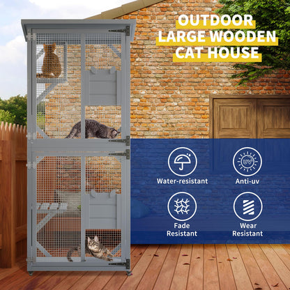 Catio, Outdoor Cat Enclosure with 3 Platforms, Outdoor Cat House with Fir Wood, Weatherproof Kitty Catio with Resting Box, 4 * 360° Wheels, Indoor Outdoor (3-Platforms)