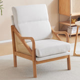 Karl home Modern Accent Chair, Mid-Century Woven Rattan Chairs with Upholstered Lounge Armchair with Oak Wood Frame & Soft Cushion for Living Room, Bedroom, Reading Room (White) Karl home