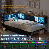 Twin Corner Bed Frame with Storage Bookcase, Twin Daybed with Charging Station and LED Light, Kids Bed Unit with Storage Drawers Underneath, Dark Grey Modern Metal Platform Bed Frame Twin Size LUSIMO