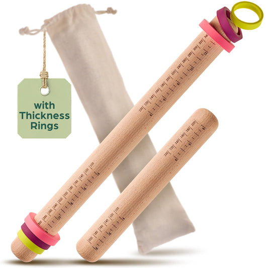 Rolling Pin For Baking with Thickness Rings - 2 Adjustable Rolling Pin with Scale - Sustainable FSC® Wood - for Pie Crust, Cookie, Pastry - Baking Essential